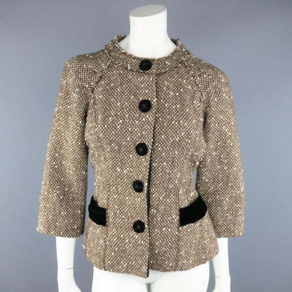 MARC JACOBS Size 4 Light Brown & Cream Wool Tweed & Black Velvet Jacket - Picture 1 of 1